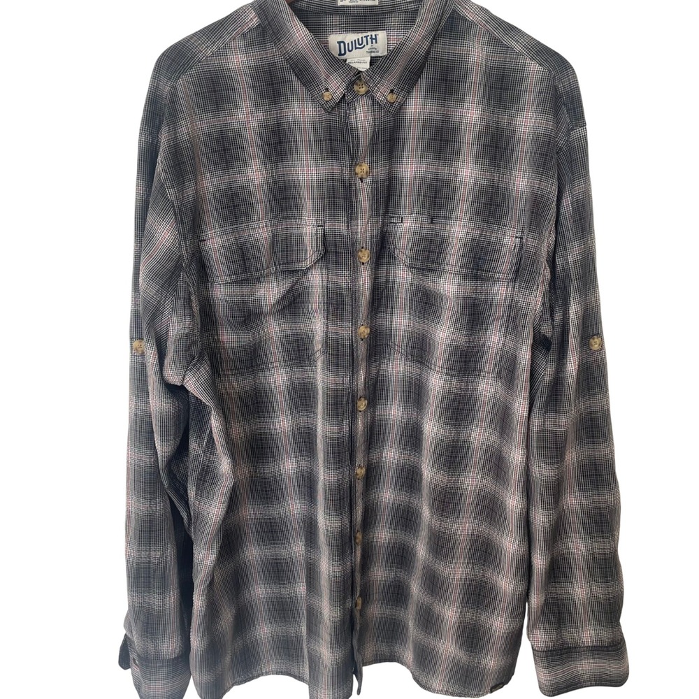 Duluth Trading Co Untucked Shirt Mens XL Tall Relaxed Fit Plaid Roll Tab Sleeve